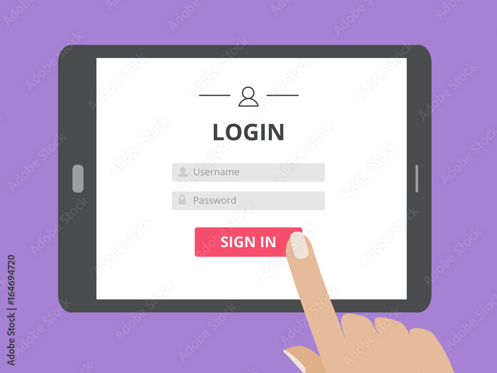 Wall mural hand touching the screen of tablet computer with user login form page and sign in button.