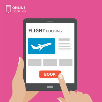 Hand Holding Tablet Computer With Book Button And Airplane Icon On Screen. Design Concept Of Online Tickets, Flight Booking Mobile Application. 