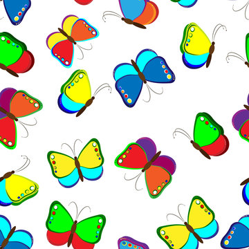 Seamless pattern of butterflies. Colourful child's drawing of butterflies. Vector illustration
