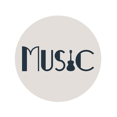 Icono plano texto MUSIC con guitarra en circulo gris