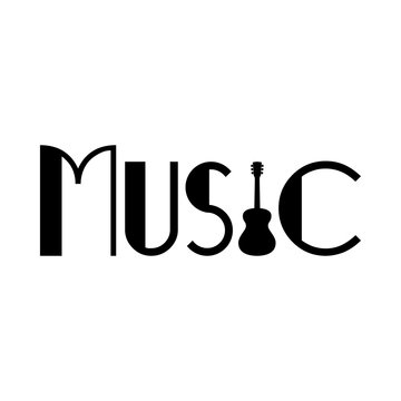 Icono plano texto MUSIC con guitarra negro en fondo blanco