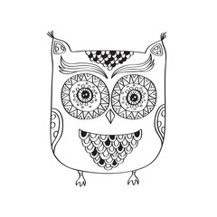 Hand drawn cute owl.  Doodles, sketch for your design. Black and white. Vector illustration.