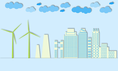Green city concept. Eco town. Wind generators and alternative energy for large cities. Paper art style. 3d vector collage. Design for wallpaper, background, prints, banners, brochures. 