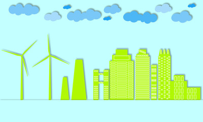 Fototapeta premium Green city concept. Eco town. Wind generators and alternative energy for large cities. Paper art style. 3d vector collage. Design for wallpaper, background, prints, banners, brochures. 