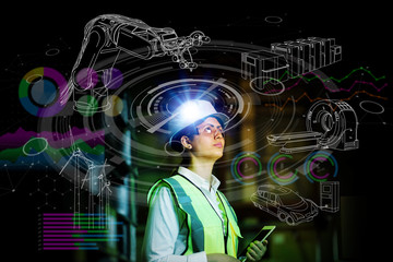 woman engineer and various business information.