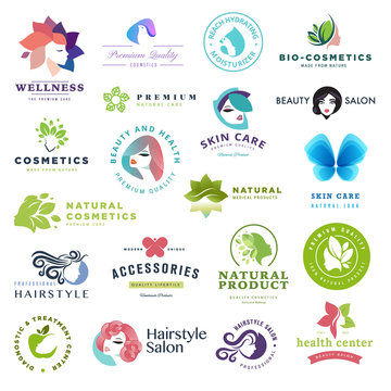 Set of beauty and cosmetics concept icons. Flat design vector illustration for cosmetics, healthcare, natural and organic products, wellness and spa, beauty and health center.
