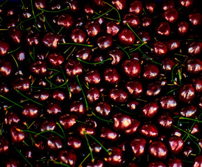Cherry  Background - Fresh organic Cherry  fruits. Frame composition of fruits on market stall close up.