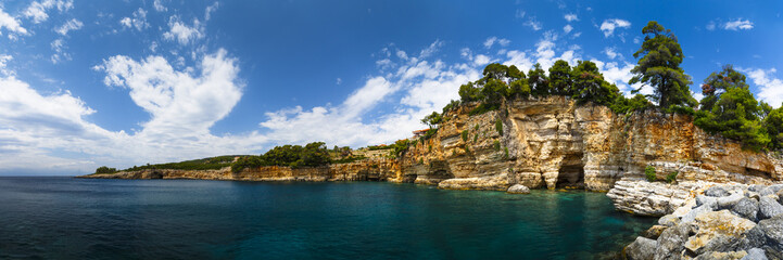 View of the coast near Patitiri village on Alonissos island in Greece.
