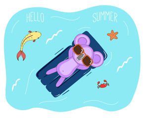 Hand drawn vector illustration of a cute koala in sunglasses floating in the sea on inflatable air mattress, with fish, starfish and crab, text Hello Summer. © Maria Skrigan