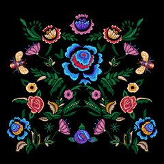 Embroidery folk pattern with fantasy simplify flowers. Vector embroidered floral patch for clothing design.