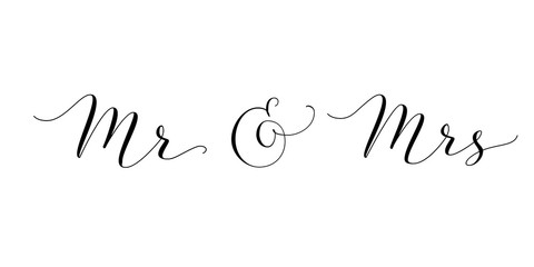 Mr and Mrs words with ampersand. Mister and Missis hand written custom calligraphy isolated on white. - obrazy, fototapety, plakaty