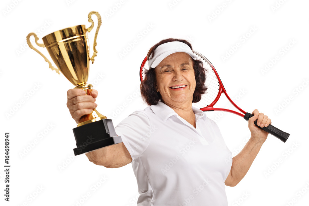 Poster Elderly tennis player with a golden trophy and a racket