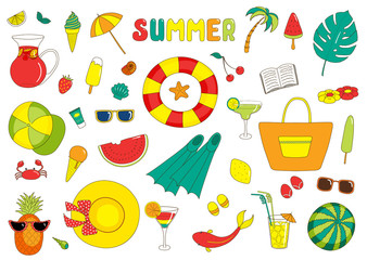 Set of hand drawn bright summer stickers with cartoon sea creatures, fruits, drinks, ice cream and various objects, with text.