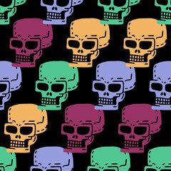 Skull cartoon seamless pattern. Skeleton head drawing ornament. Medicine background. Retro Vintage Texture