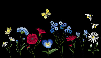 Embroidery wild flowers. Embroidered design elements with flowers, leaves and insects on black background.