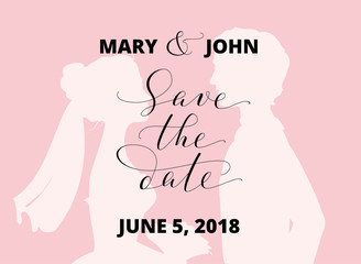 Save the date card with bride and groom silhouettes and hand written custom calligraphy