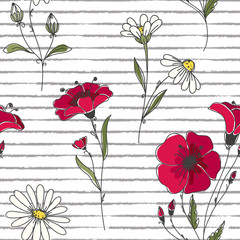 Vector floral seamless pattern. Colorful floral pattern with red poppies on striped background.