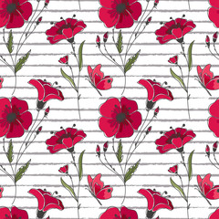 Vector floral seamless pattern. Colorful floral pattern with red poppies on striped background.