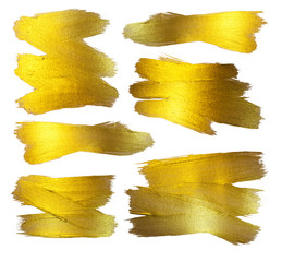 Naklejka premium Gold Watercolor Texture Paint Stain Abstract Illustration. Shining Brush Stroke Set for you Amazing Design Project. White background.
