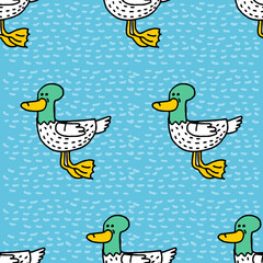 Duck cartoon pattern. Drake drawing ornament. Bird background