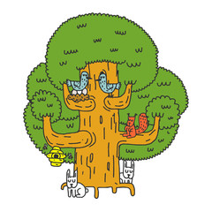 Large tree and Forest animals. Oak and squirrel. Hares and birds. Nest on tree. Hive Hand drawing