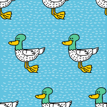 Duck cartoon pattern. Drake drawing ornament. Bird background