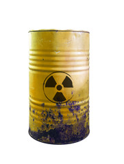 Yellow barrel of toxic waste isolated. Acid in barrels. Beware of poison. Toxicity