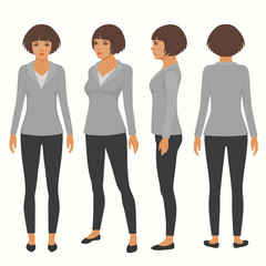 Fototapeta premium vector woman cartoon character, front, back and side view of secretary