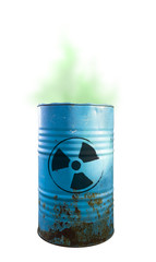 Blue barrel of toxic waste isolated. Acid in barrels. Beware of poison. Toxicity