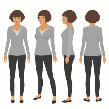 vector woman cartoon character, front, back and side view of secretary