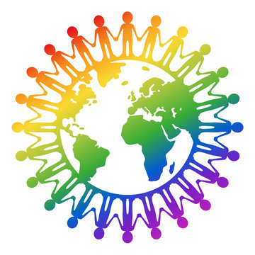 Kreisf&ouml;rmige Menschenkette um die Welt / Regenbogenfarben, Vektor, freigestellt

Regenbogen, Regenbogenfarben,  
