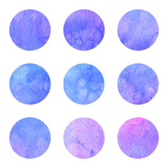 Set of hand painted watercolor blue and purple circles isolated on the white background for your design.