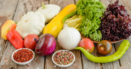 Vegetables on vintage wood background - autumn harvest. Rural still life