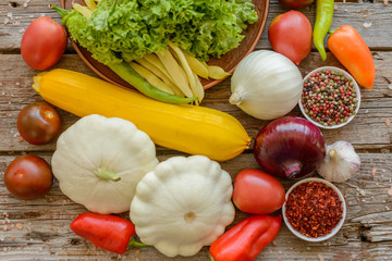 Vegetables on vintage wood background - autumn harvest. Rural still life