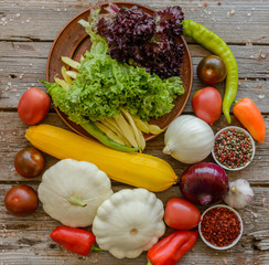 Vegetables on vintage wood background - autumn harvest. Rural still life