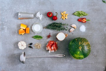 Ingredients for pumpkin soup on top. Infographics.