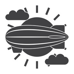 Aeronautics concept with airship, sun and clouds, vector silhouette