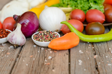 Vegetables on vintage wood background - autumn harvest. Rural still life