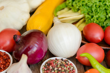 Vegetables on vintage wood background - autumn harvest. Rural still life