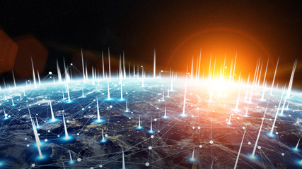 Global network and datas exchanges over the planet Earth 3D rendering