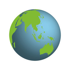 Isolated globe on an transparent background with Asia and Oceania at the front in green and blue.