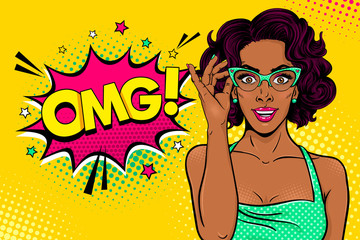 Wow female face. Sexy surprised black young woman in glasses with open mouth and curly hair and OMG speech bubble. Vector bright background in pop art retro comic style. Party invitation poster.