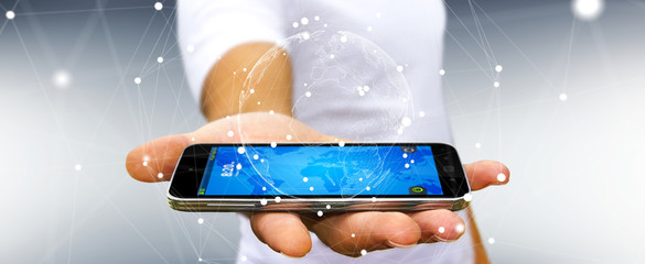 Businessman using flying earth network interface 3D rendering