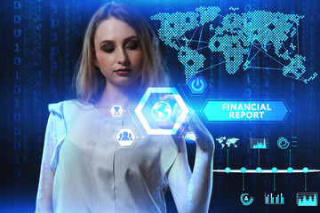 The concept of business, technology, the Internet and the network. A young entrepreneur working on a virtual screen of the future and sees the inscription: Financial report