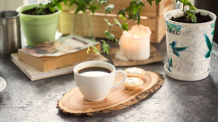 fresh breakfast with hot coffee and book in morning sunlight