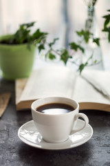 fresh breakfast with hot coffee and book in morning sunlight