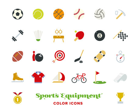 Sports Equipment Color Icons Vector Set.