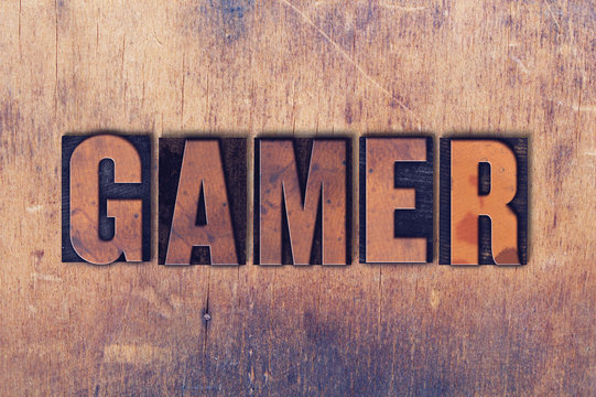 Gamer Theme Letterpress Word on Wood Background