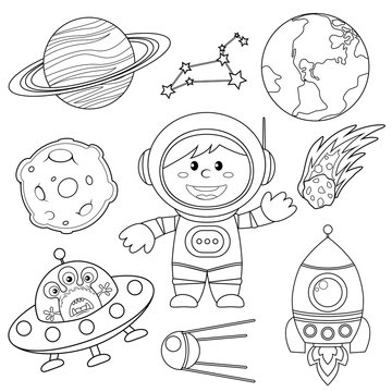 Set of space elements. Astronaut, Earth, saturn, moon, UFO, rocket, comet, constellation, sputnik and stars. Black and white illustration for coloring book