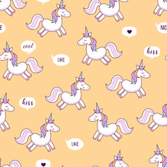 Unicorns . Vector illustration. Seamless pattern. Rainbow unicorns on colorful background. Cute wallpaper.
